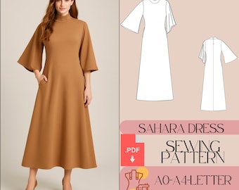 Patron de Robe Longue Modeste, Manches Évasées, PDF Numérique