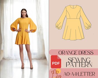May include: A sewing pattern for an orange dress with long sleeves and a gathered skirt. The pattern includes instructions for sizes AO-A4. The pattern is available as a PDF download.