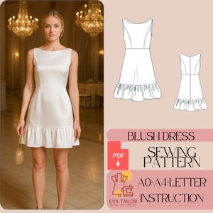 Pode incluir: Uma mulher vestindo um vestido branco sem mangas, com decote em barco e bainha com babados. O vestido vai até o joelho. A imagem também mostra um padrão de costura para um vestido rosa, com o texto "Blush Dress Sewing Pattern".