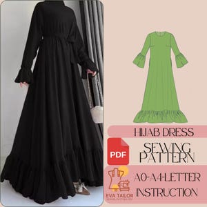 Può includere: Un cartamodello PDF per un abito hijab con orlo a balze. Il cartamodello include istruzioni per le taglie AO-A4. Il cartamodello è per un abito a maniche lunghe con scollo rotondo e vita arricciata.