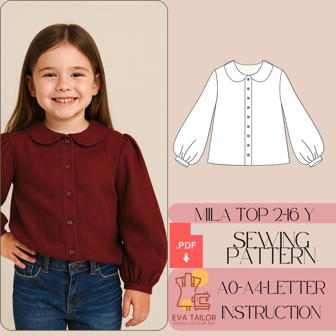 Kids Puff Sleeve Blouse Sewing Pattern: Peter Pan Collar (PDF Pattern ...