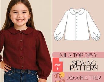 Patrón de costura para blusa infantil con mangas abullonadas: Cuello Peter Pan (Patrón PDF)