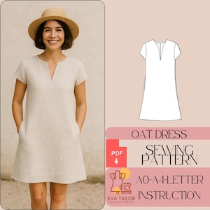 Peut inclure: Un patron de couture pour une robe en toile de lin avec un col en V et des manches courtes. Le patron comprend des instructions et est disponible en téléchargement PDF. L'image montre une femme portant une robe en lin, similaire au patron.