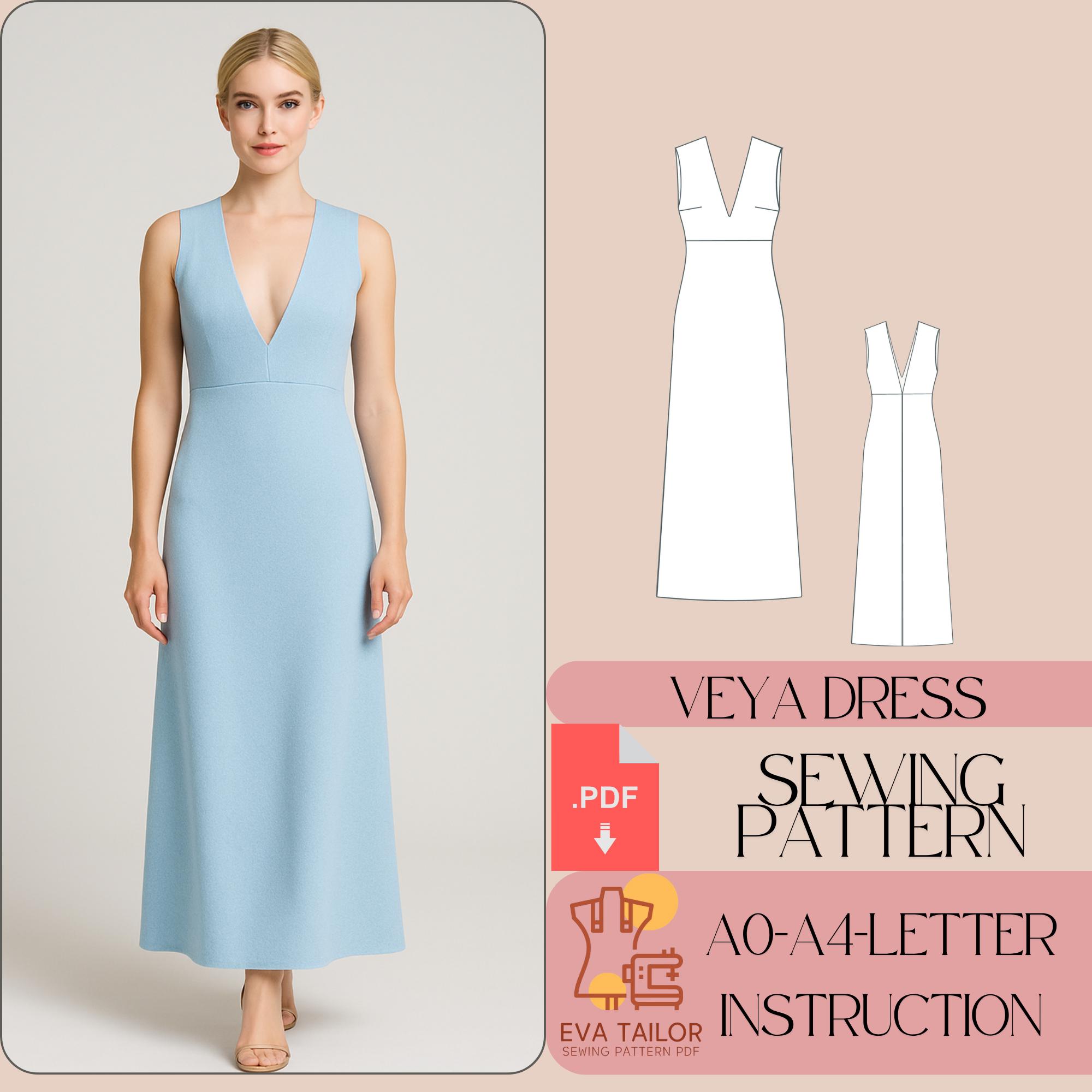 Deep V Neck A-Line Dress Sewing Pattern (PDF Pattern)