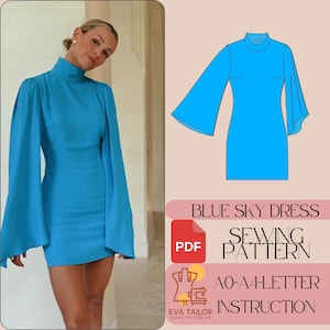 Peut inclure: Un patron de couture pour une robe bleue à col montant et manches bouffantes. Le patron comprend des instructions pour les tailles AO-A4. Le texte "Blue Sky Dress" et "Sewing Pattern" est visible sur l'image.