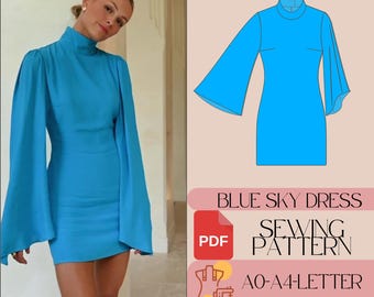 Satin Cocktail Mini Dress Sewing Pattern, Long Sleeve (PDF)