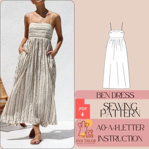 Puede incluir: Un patrón de costura para un vestido maxi sencillo y sin mangas llamado "Ben Dress". El patrón incluye instrucciones para las tallas AO-A4 y está disponible para descargar en PDF. La imagen muestra a una mujer con un vestido maxi a rayas, un dibujo lineal del vestido y los detalles del patrón.
