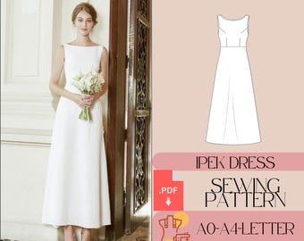 Puede incluir: Un vestido blanco maxi sin mangas con cuello de barco y un corpiño ajustado. El vestido tiene un diseño simple y elegante, perfecto para una boda u otra ocasión especial. La imagen también incluye un dibujo de línea del vestido y el texto "IPEK DRESS SEWING PATTERN AO-A4-LETTER INSTRUCTION EVA TAILOR SEWING PATTERN PDF".