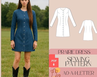 A-Line Buttoned Mini Dress Sewing Pattern, Long Sleeve (PDF Pattern)
