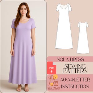 May include: A sewing pattern for a Nola dress, with a PDF download option. The pattern includes instructions for sizes AO-A4. The image shows a woman wearing a purple maxi dress.