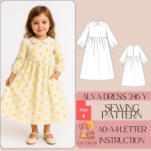 May include: A young girl wearing a yellow floral dress with a Peter Pan collar and long sleeves. The dress has pockets and is paired with beige shoes. The image also includes a sewing pattern diagram and text that reads "ALVA DRESS 2-16 Y SEWING PATTERN".
