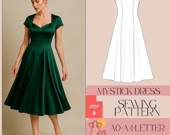 Sweetheart Neck Midi Dress Sewing Pattern, Cottagecore Prom (PDF Pattern)