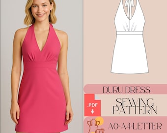 V Neck Summer Beach Dress Sewing Pattern Halter Neck Dress Digital Pattern