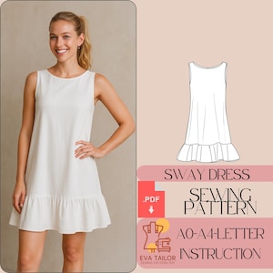 Puede incluir: Un patrón de costura para un vestido blanco sin mangas con un dobladillo con volantes. El patrón incluye instrucciones para las tallas AO-A4. El patrón está disponible para descargar en PDF.