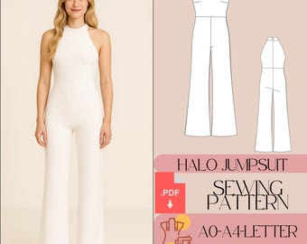 Halter Neck Jumpsuit Sewing Pattern: Wide Leg Romper (PDF Pattern)