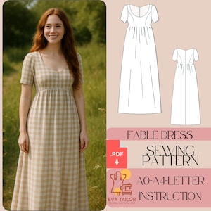 Peut inclure: Une femme porte une robe à carreaux beige et blanc avec des manches courtes et une encolure en forme de cœur. L'image montre également un patron de couture pour la "Fable Dress" avec des instructions et une option de téléchargement PDF.