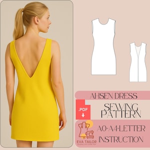 Peut inclure: Une femme porte une robe jaune vif avec un dos encolure en V profond. L'image comprend également un patron de couture avec le texte "AHSEN DRESS SEWING PATTERN" et des instructions.