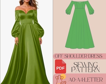Off Shoulder Long Dress Sewing Pattern, Elegant Cottagecore Gown (Digital PDF)