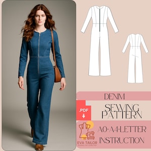 May include: A woman wearing a long-sleeved denim jumpsuit with a front zipper and wide legs. The image includes a sewing pattern diagram and text that reads "DENIM SEWING PATTERN A0-A4-LETTER INSTRUCTION".