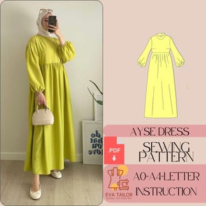 May include: A sewing pattern for a yellow Ayse dress with a high neck, long sleeves, and a gathered skirt. The pattern includes instructions and is available as a PDF download.  The pattern is for sizes AO-A4.