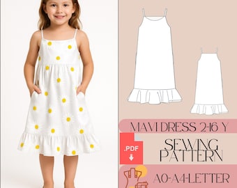 Patron Robe Fille Robe Ligne A Robe Été Volants Robe Cottagecore PDF