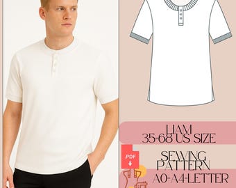 Men's Henley T-Shirt Sewing Pattern, Plus Size (PDF)