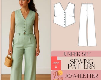 Wide Leg Pants & Vest Sewing Pattern, Women's Two Piece Set (PDF)