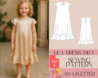 May include: A young girl wearing a light gold-colored dress with flutter sleeves and a ruffled hem. The image also shows a sewing pattern with the text "Lila Dress 2-16 Y" and "Sewing Pattern". The pattern includes instructions.