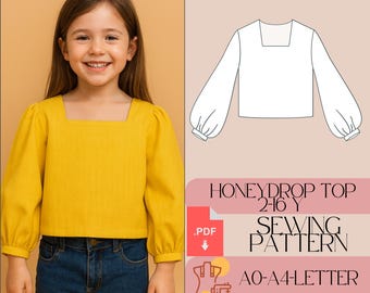 Patrón de costura para blusa con mangas abullonadas para niñas, tallas 2 a 16 años (patrón PDF)