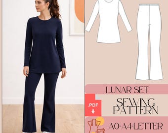 Loungewear Set Sewing Pattern, Wide Leg Pants, Long Sleeve Tunic (PDF)