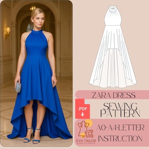 May include: A striking blue high-low dress with a halter neck. The dress has a flowing skirt and is worn with blue heels. The image also includes a sewing pattern for a Zara dress, with instructions and a PDF download option.