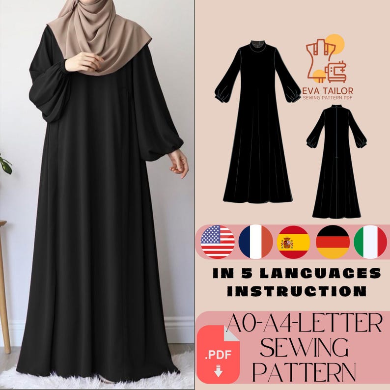 Abaya Dress Sewing Pattern, Muslim Modest Robe Kaftan (PDF Pattern) image 1