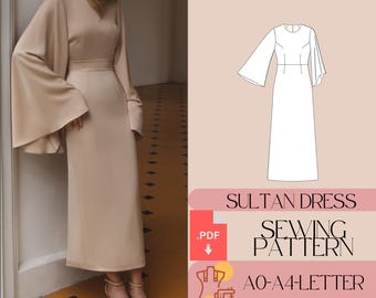 Long Full Flared Sleeve A Line Ankle Length Evening Dress Sewing Pattern Easy Sewing Pattern