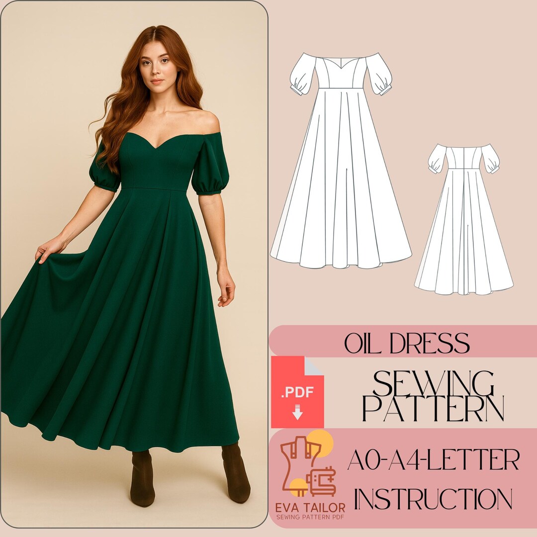 Off Shoulder Maxi Dress Sewing Pattern, Puff Sleeve (PDF Pattern) - Etsy