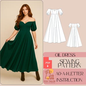 May include: A woman wearing a dark green off-the-shoulder dress with short sleeves. The dress has a fitted bodice and a flowing skirt. Next to the woman is a sewing pattern illustration of the dress. The text on the image says "OIL DRESS SEWING PATTERN".