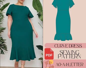 Patrón de costura para vestido de cóctel con mangas acampanadas – Tallas grandes (EE. UU., talla 2-30) (Patrón en PDF)