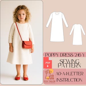 May include: A young girl wearing a cream-colored dress with long sleeves and red shoes. She carries a small red purse. The image includes a sewing pattern diagram and text that reads "POPPY DRESS 2-16 Y SEWING PATTERN".