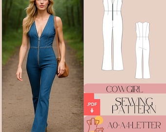Deep V Neck Flared Leg Jumpsuit Sewing Pattern Women Jumpsuits