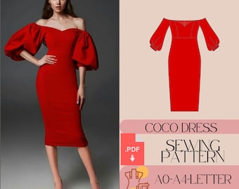 Patrón Vestido Midi Off Shoulder PDF, Sweetheart Neck, Easy Sewing Pattern, Beginner Friendly, Descarga Instantánea