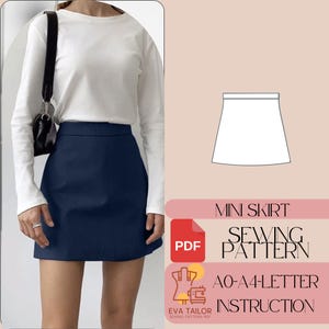 May include: A sewing pattern for a mini skirt. The pattern includes instructions for sewing the skirt and is available in A0-A4 letter size. The pattern is for a skirt that is about knee-length and has a simple, straight silhouette.