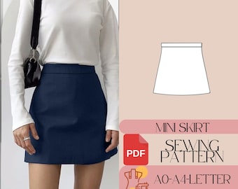 Op de afbeelding: Een naaipatroon voor een minirok. Het patroon bevat instructies voor het naaien van de rok en is verkrijgbaar in A0-A4 formaat. Het patroon is voor een rok die ongeveer kniehoogte is en een eenvoudige, rechte silhouet heeft.