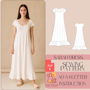 Può includere: Una donna indossa un abito bianco a maniche corte, scollo tondo e orlo a balze. L'immagine mostra anche un diagramma del modello di cucito dell'abito, insieme al testo "SABAH DRESS SEWING PATTERN" e "AO-A4-LETTER INSTRUCTION".