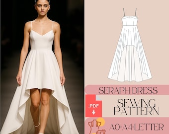 May include: A white high-low dress with a fitted bodice and a flowing skirt. The dress has thin straps and a V-neckline. The skirt is shorter in the front and longer in the back. The dress is shown on a model on a runway. The text "SERAPH DRESS SEWING PATTERN AO-A4-LETTER INSTRUCTION EVA TAILOR SEWING PATTERN PDF" is on the image.