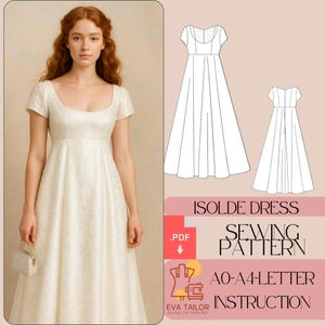 Puede incluir: Una mujer con un vestido color crema con mangas cortas y escote cuadrado. El vestido tiene un corpiño ajustado y una falda fluida. La imagen también incluye un diagrama de patrón de costura y el texto "ISOLDE DRESS SEWING PATTERN".