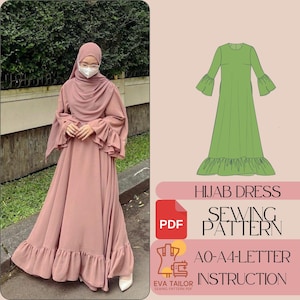 Könnte beinhalten: Ein Schnittmuster für ein Hijab-Kleid mit einem Rüschen-Saum und langen Ärmeln. Das Schnittmuster enthält Anweisungen und ist im PDF-Format erhältlich. Das Schnittmuster ist für die Größen AO-A4.