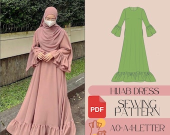 Puede incluir: Un patrón de costura para un vestido de hiyab con un dobladillo con volantes y mangas largas. El patrón incluye instrucciones y está disponible en formato PDF. El patrón es para las tallas AO-A4.