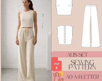 May include: A woman wearing a beige linen crop top and wide-leg pants. The image also shows a sewing pattern with the text "ALIS SET SEWING PATTERN" and "AO-A4-LETTER INSTRUCTION". The pattern includes diagrams of the top and pants.