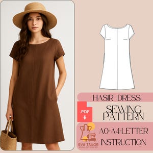 Könnte beinhalten: Ein braunes Kleid mit kurzen Ärmeln und rundem Ausschnitt. Das Kleid hat einen einfachen, geraden Schnitt und Taschen. Das Bild enthält auch eine Schnittmusterzeichnung und den Text "HASIR DRESS SEWING PATTERN".