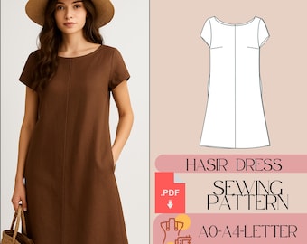 Linen Mini Dress Sewing Pattern, Short Sleeve Boho (PDF Pattern)