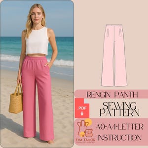 May include: A sewing pattern for wide-leg pants with a PDF download option. The pattern includes instructions for sizes AO-A4 and is titled "RENGIN PANTH SEWING PATTERN".